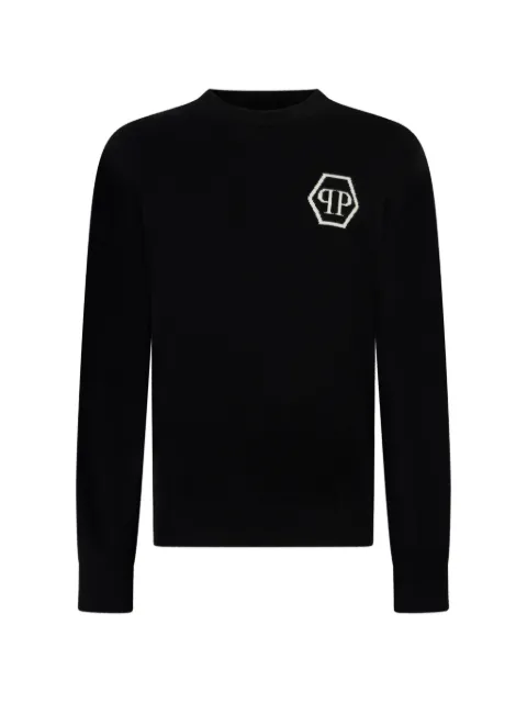 Philipp Plein jacquard hexagon roundneck knitwear Black SAFCMKO1554PTE098N