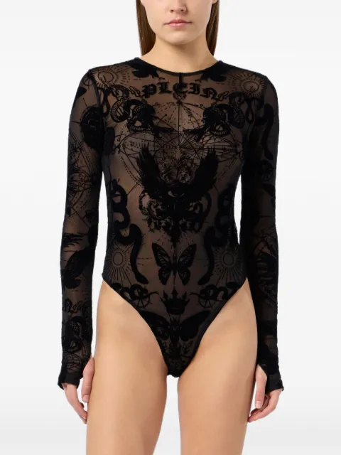 Philipp Plein long-sleeve bodysuit flock butterfly tattoo Black SAFCWRK0699PTE003N