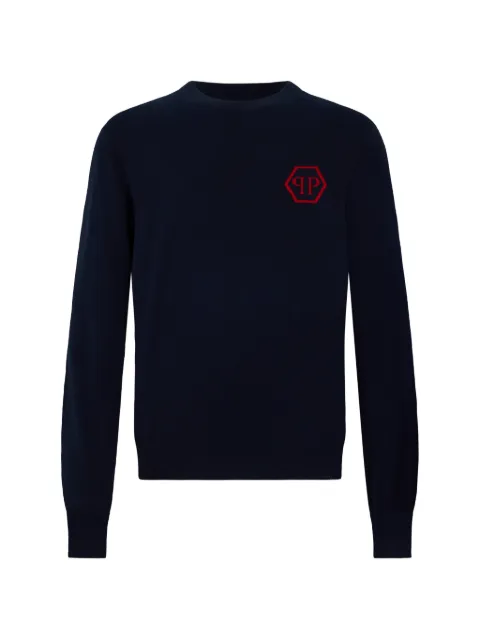 Philipp Plein jacquard hexagon roundneck knitwear Blue SAFCMKO1554PTE098N