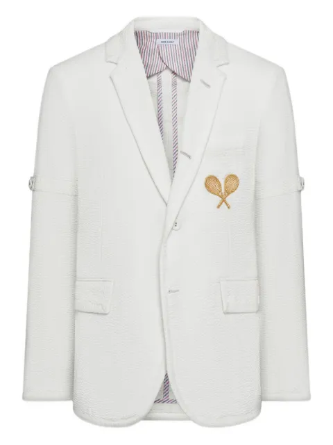Thom Browne wool seersucker tennis embroidery sportcoat with armbands White MJC405E06455