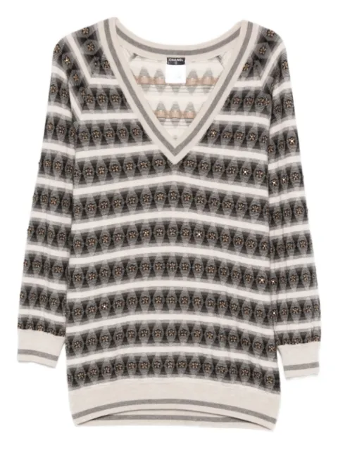 CHANEL Pre-Owned 2010s striped-pattern v-neck mini dress Grey CH1200KD