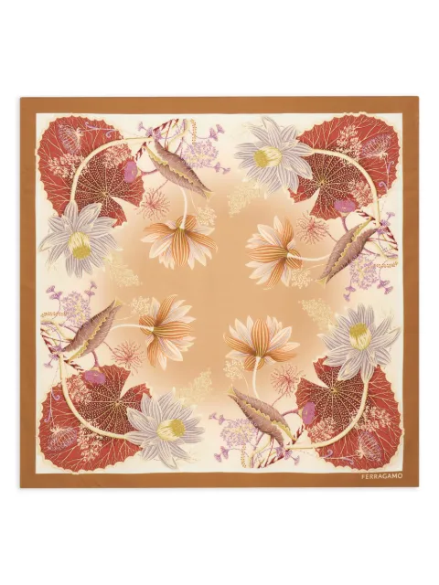 Ferragamo Water Lilies printed silk scarf Brown 790148