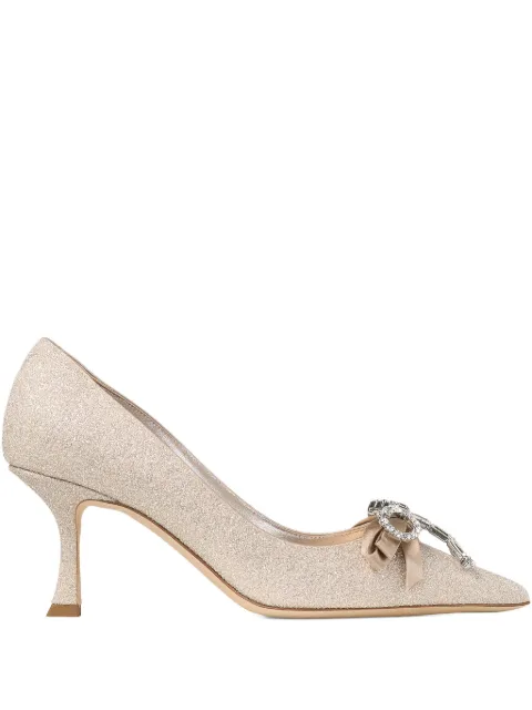 Jimmy Choo Auria 70 crystal-embellished bow-detail pumps Gold AURIA70HGQLIGHTSOFTGOLDCRYSTAL