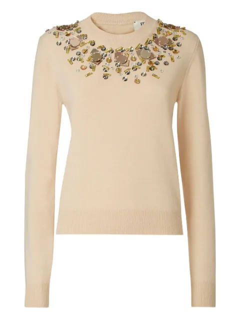 FENDI embellished-neckline crew-neck wool sweater Neutrals FZXD96AUZW