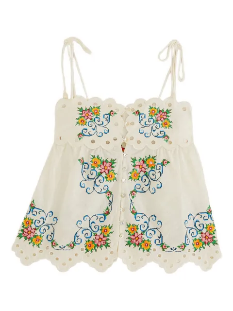 FARM Rio floral-embroidered scalloped top White 335846