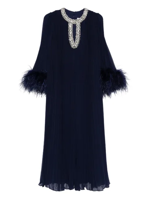 Self-Portrait feather-cuff pleated maxi dress Blue RS26510MN
