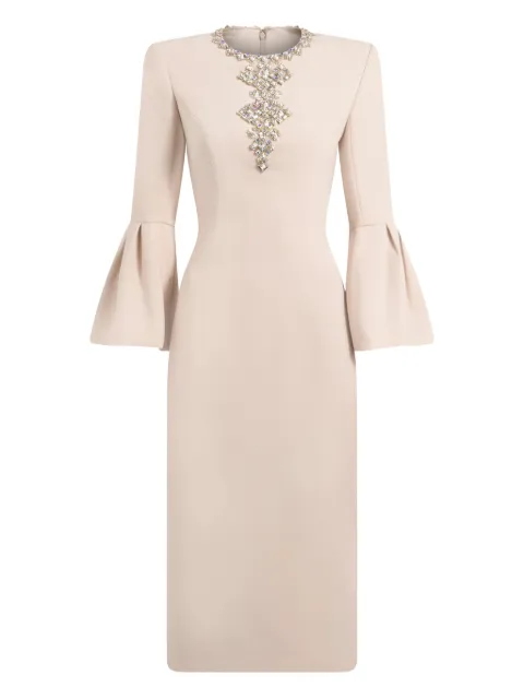Jenny Packham Margoni front-embellished bell-sleeve midi dress Neutrals JPEX329