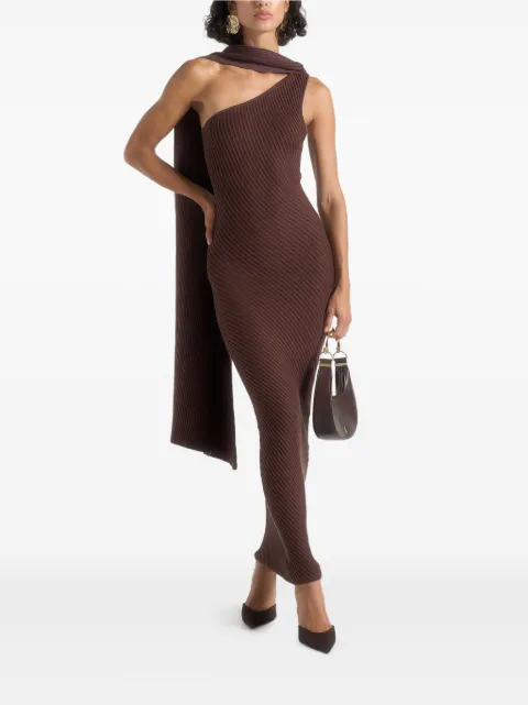 Manière De Voir Laya asymmetric knit maxi dress with scarf Brown WMN4047