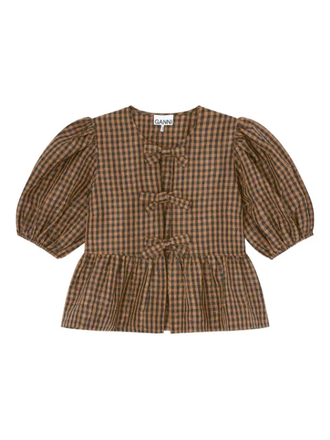 GANNI crinkled check blouse Brown A1040085