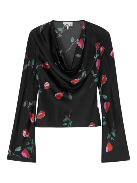 GANNI floral cowl-neck top Black A1040048