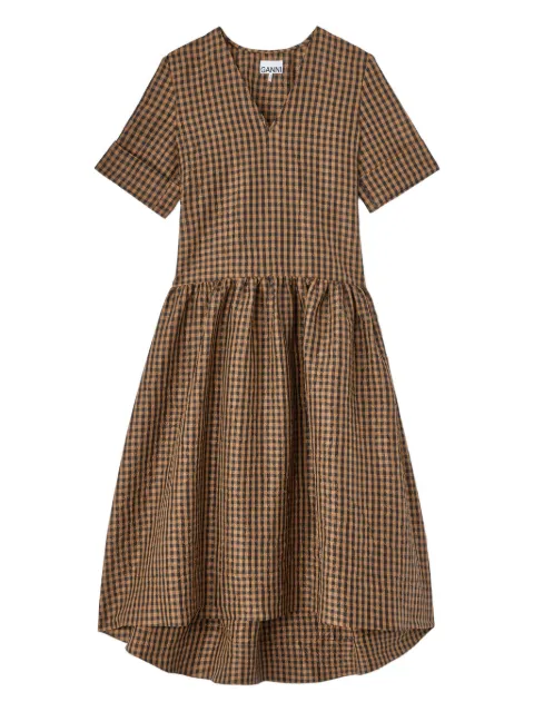 GANNI crinkled check long dress Brown A1030137