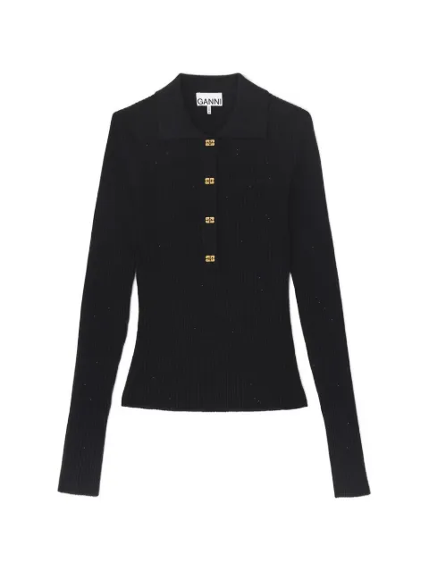 GANNI fine sequin knitted polo Black A1070085