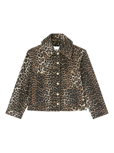 GANNI leopard-print button denim jacket Brown A1010058
