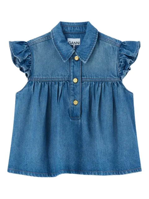 GANNI ruffled-sleeve denim top Blue A1040047