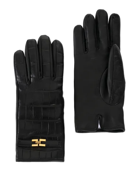 Elisabetta Franchi crocodile-print logo leather gloves Black GU05R56E2