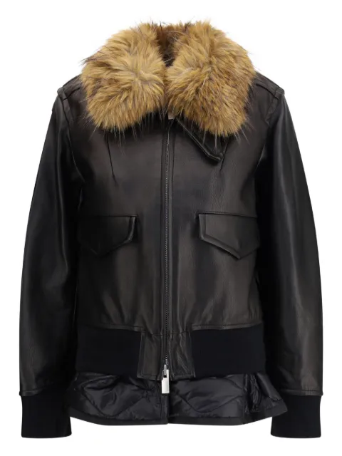 sacai plush-collar leather jacket Black 2508238