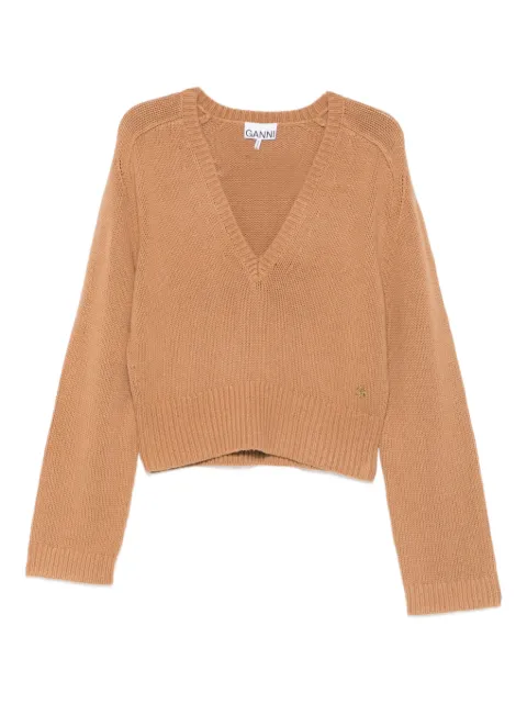 GANNI V-neck logo-detail knitwear Brown K2653