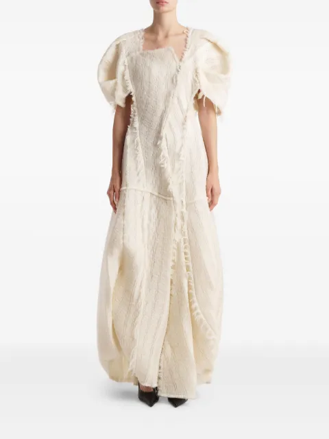 KHAITE Quintin fringed puff-sleeve maxi dress White 5534525101