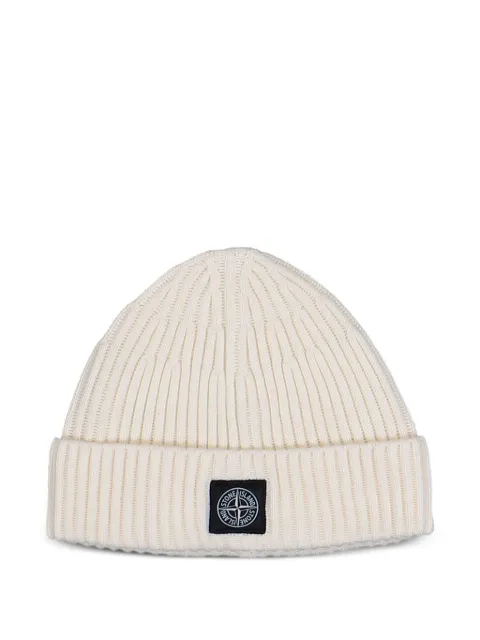 Stone Island ribbed logo-patch beanie hat Neutrals K2S15N100002S00C3