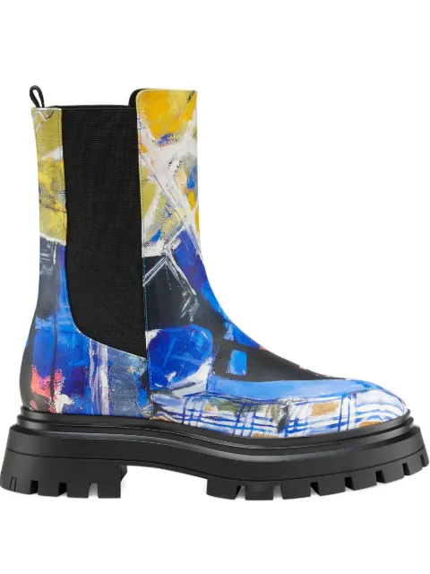 Stuart Weitzman x KidSuper 50mm bedford artwork lug-sole chelsea boots Blue SE697PITBLM
