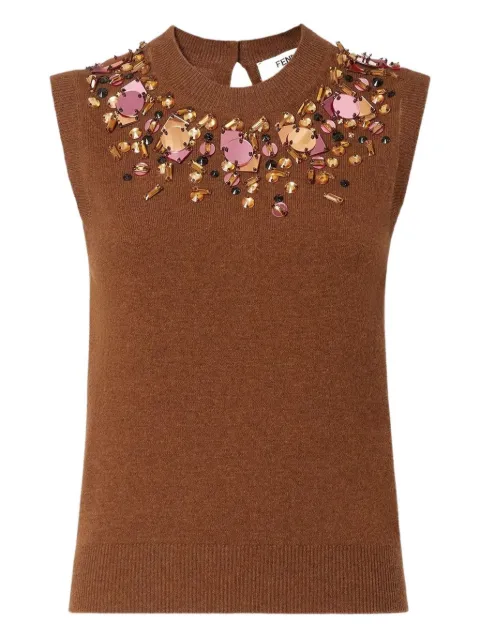 FENDI crystal-embellished sleeveless knitted top Brown FZXE01AUZW