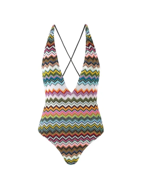 Missoni one-piece swimsuit in lamé viscose with pixel-effect zigzag pattern and V-neckline Pink MC22SP03BR014F