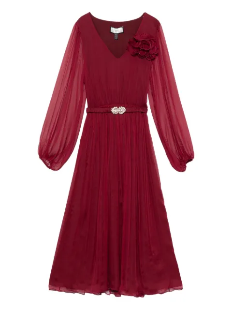 NISSA floral-applique silk midi dress Red RS16147