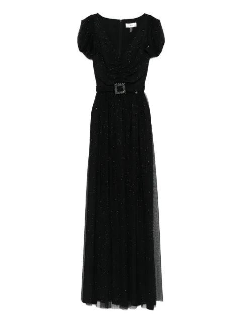 NISSA pleated glittered tulle maxi dress Black RS16139