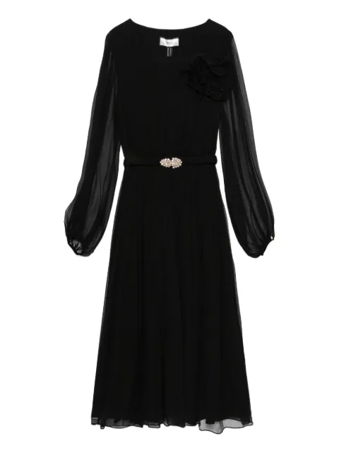 NISSA floral-appliqué silk midi dress Black RS16147