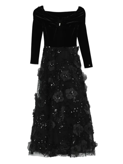 NISSA 3D floral applique tulle midi dress Black RS16099