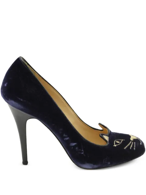 Charlotte Olympia 90mm Kitty cat-embroidered velvet pumps Blue NAPPUGBSH259353W
