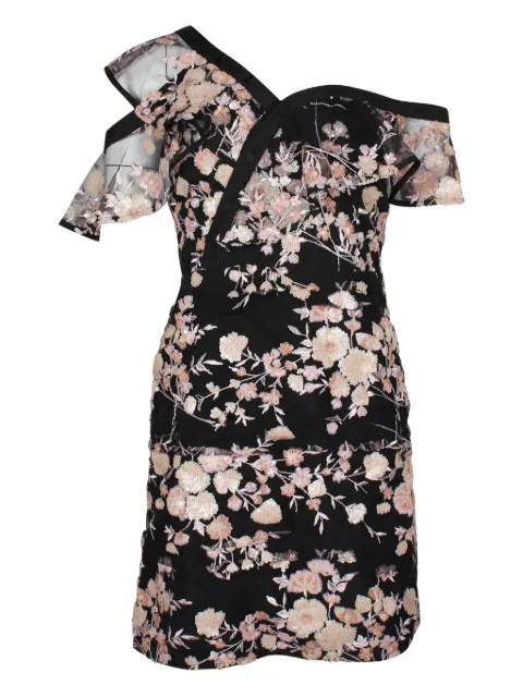 Self-Portrait floral embroidered asymmetric-sleeve mini dress Black NAPPUGBCL235651W