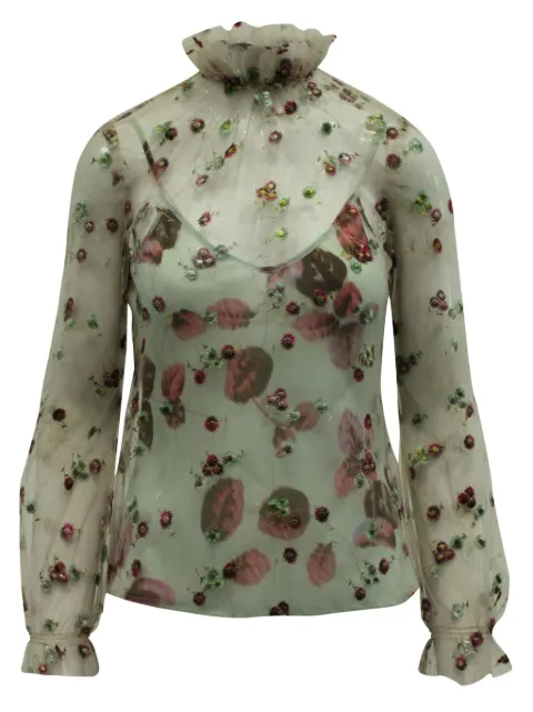 Luisa Beccaria Vintage floral embroidered mesh blouse Neutrals NAPPUGBCL110975W
