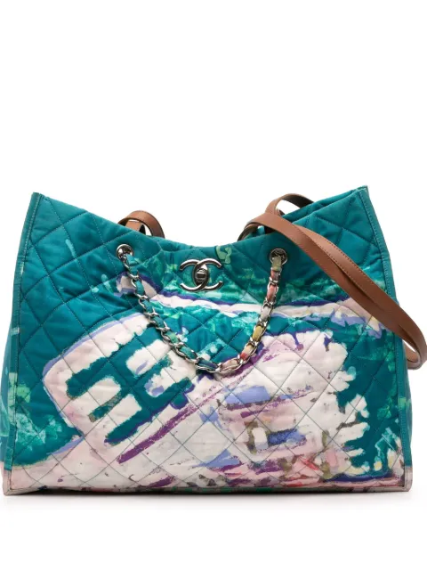 CHANEL Pre-Owned 2010-2011 CC Quilted Nylon Graffiti Watercolour Shopping Tote satchel Blue M54UEUK4G4WYYIK7
