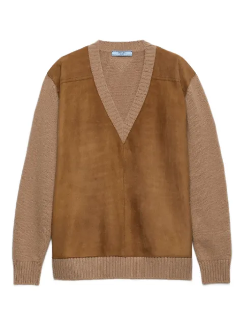 Prada suede-panel V-neck sweater Brown P24T2BSOOO173P