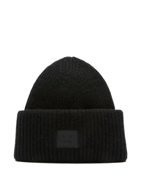 Acne Studios ribbed face-patch beanie hat Black C40424