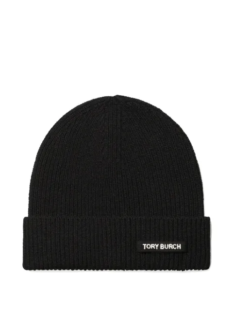 Tory Burch ribbed logo-detail beanie hat Black 176946