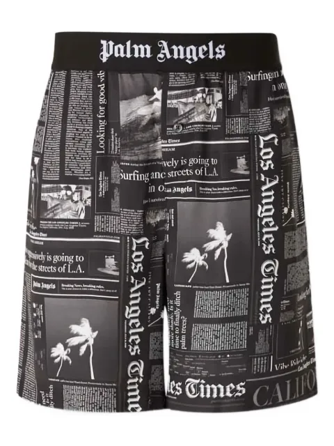 Palm Angels newspaper-print elastic-waist shorts Black PMCB044F25FAB0011003