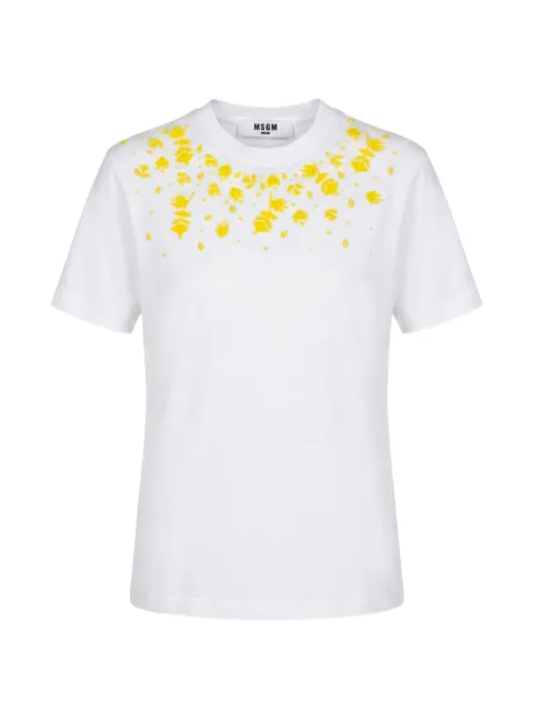 MSGM bead-embellished floral-motif T-shirt White 3842MDM114257002