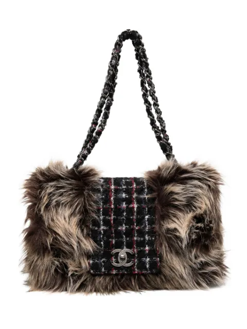 CHANEL Pre-Owned classic flap faux fur tweed shoulder bag Black CHANELMULTICOLORTWEEDFAUXFUR