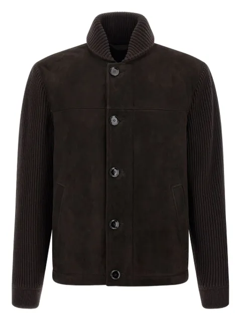 Brioni ribbed-sleeve suede bomber jacket Brown PLCK0LOD7062000