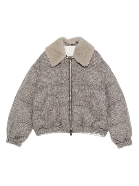 Brunello Cucinelli herringbone-pattern shearling-collar jacket Grey MG5297744C136