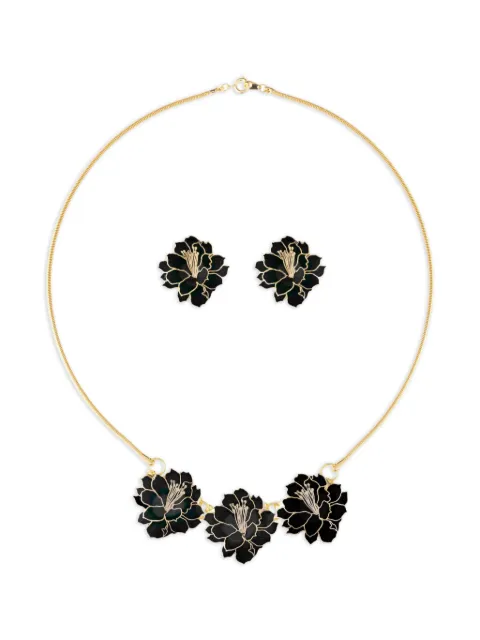 Susan Caplan Vintage 1980s Cloisonné lotus-flower necklace earrings set Gold NE018627