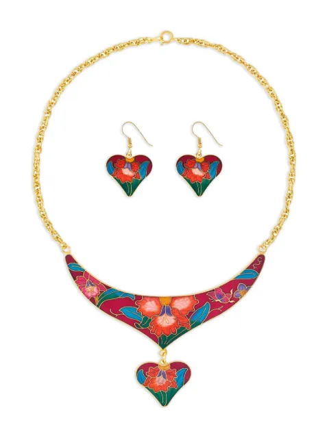 Susan Caplan Vintage 1980s Cloisonné heart necklace earrings set Gold NE018622