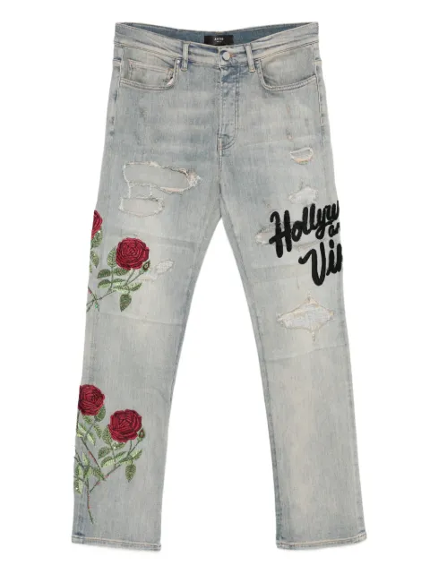 AMIRI rose-embroidered distressed jeans Blue AMDNSM1021