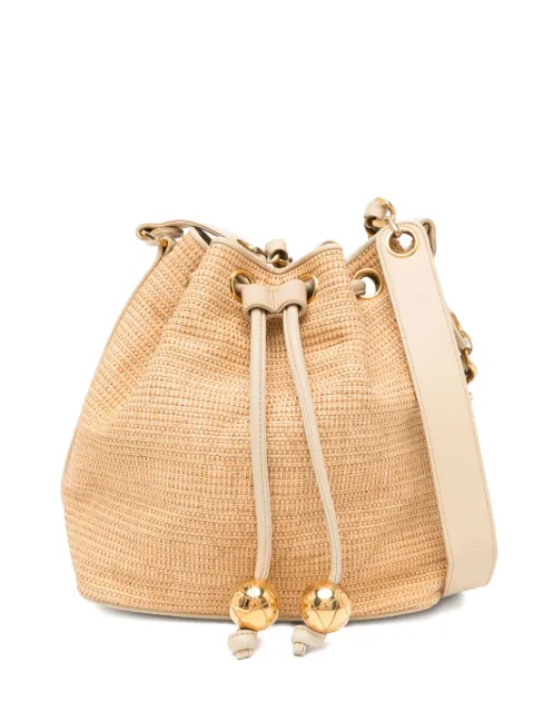 CHANEL Pre-Owned 1992 Raffia Straw Jute Gold CC Balls Drawstring Bucket Bag Neutrals CHANELBIEGESTRAWBUCKETTOTE