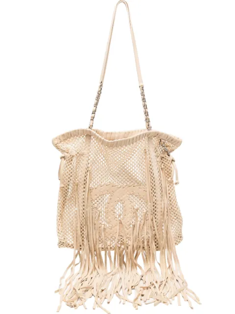 CHANEL Pre-Owned Resort 2011 Fringe Crochet Woven Mesh Large Leather Tote CHANELBIEGEFRINGETOTE