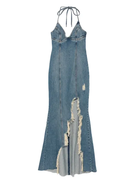Blumarine halter-neck frayed-hem denim dress Blue 2J210A