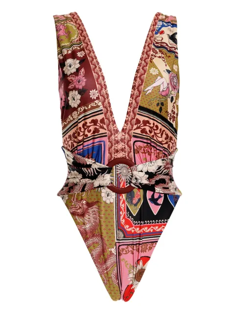 Agua Bendita V-neck patchwork-print belted swimsuit 20053