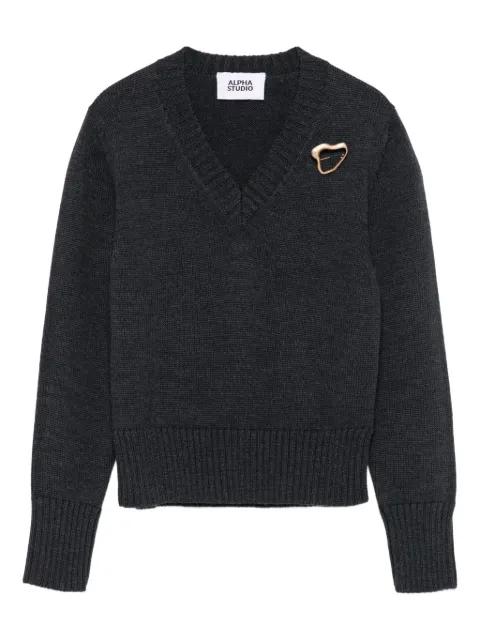 ALPHA STUDIO pin-detail V-neck sweater Grey AD4120A